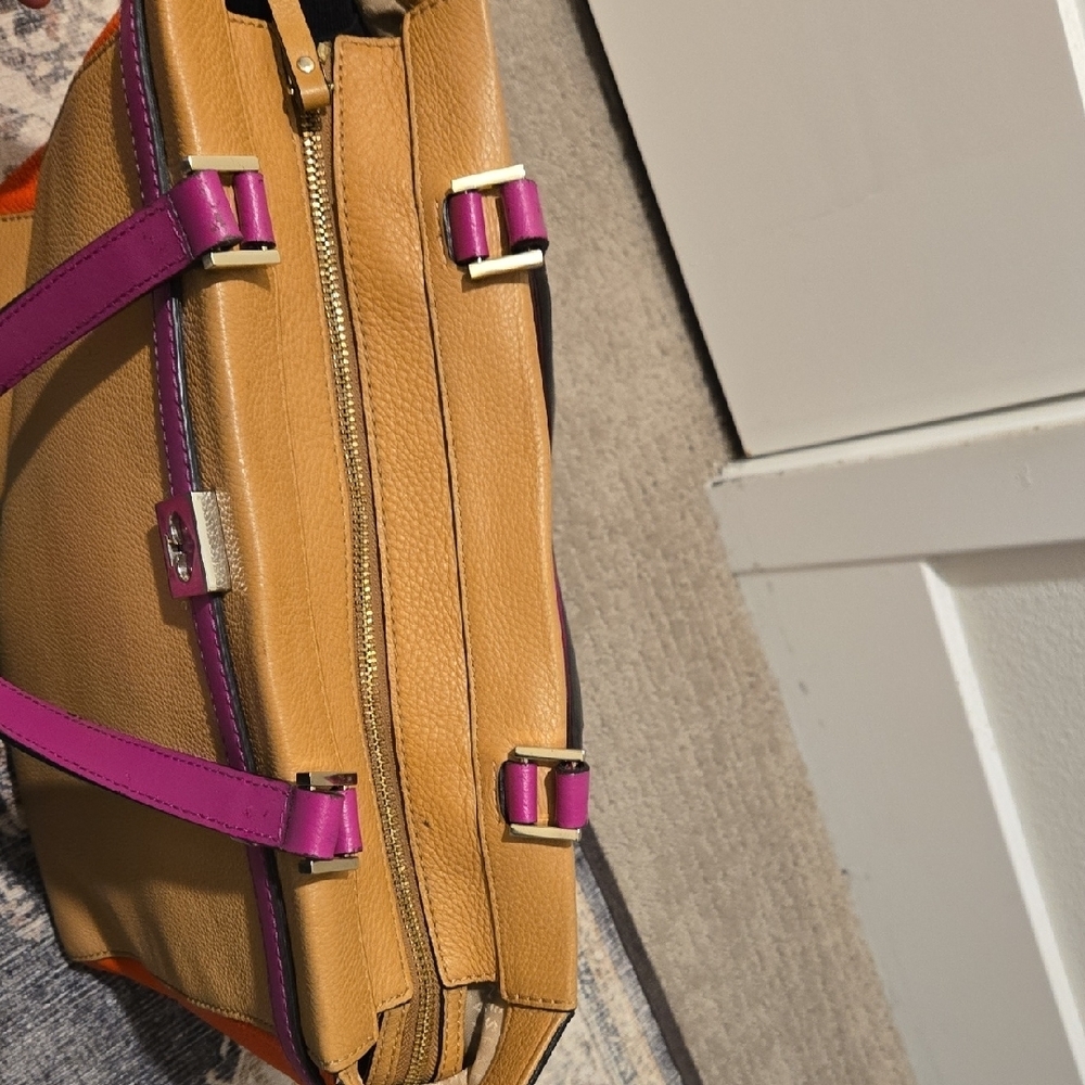 Kate Spade Colorblock Leather Tote Orange Pink Tan Shoulder Work Bag Spring - Picture 6 of 10